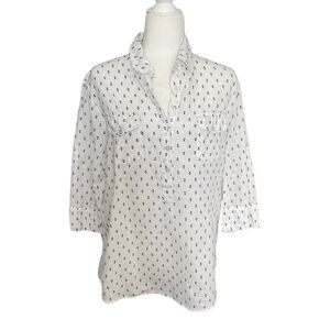 Eden & Olivia White Blue Anchor Print 1/2 Button Front Collar Cotton Shirt Sz L